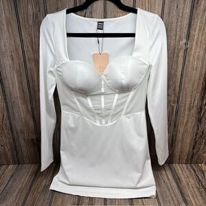 SHEINBAE White Corset Detail Long Sleeve Top Size L
